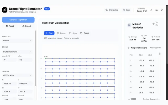 Drone Path Planning live demo with a generated survey flight path