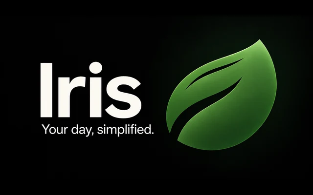 Iris branding with its green leaf logo and Your day, simplified tagline